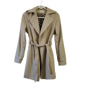 Zara Trench Coat Womens XS Tan Belted Leopard Lined Silky Pockets Jacket